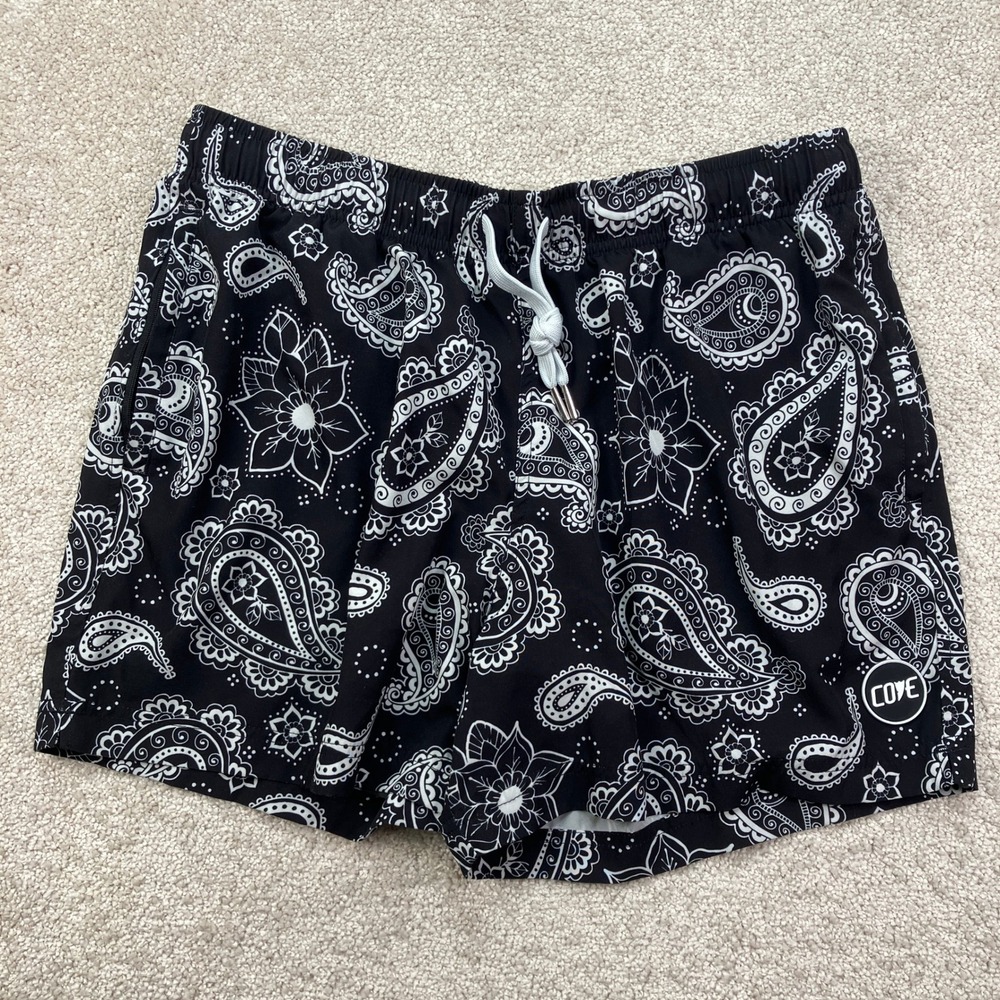 Cove Mens 36 Black White Paisley Bandana 5 Inch Inseam Short Running Gym  Casual